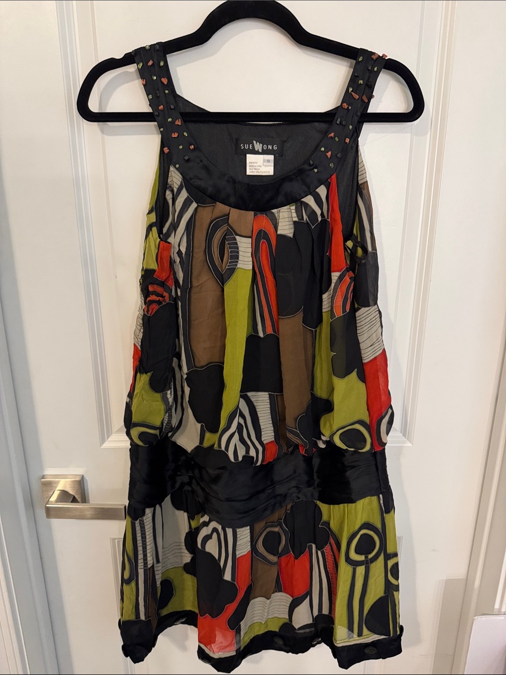 Sue Wong Olive, Black, Red & Brown Abstract Print Midi Dress